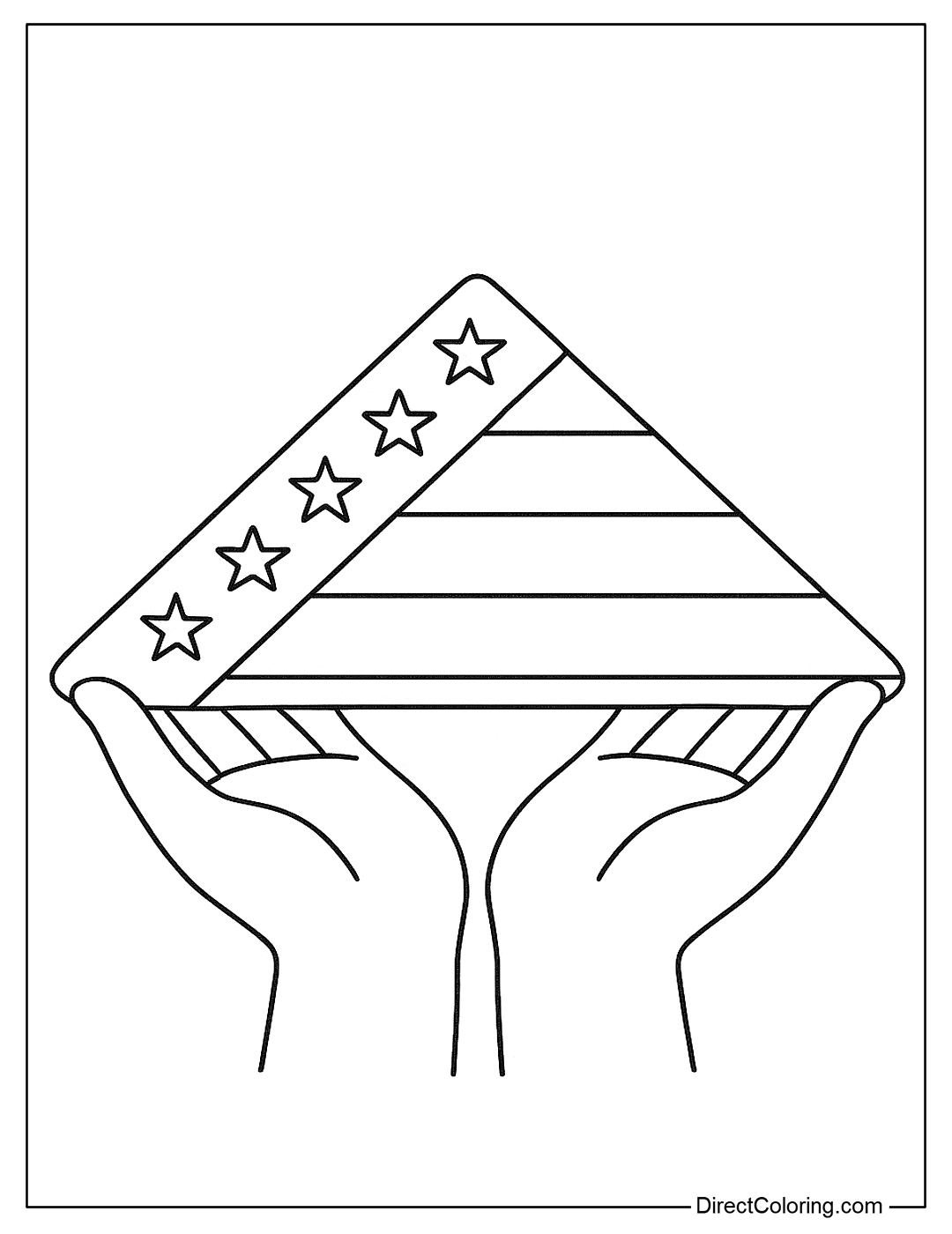 coloring page of American flag folded into a triangle, held respectfully by two hands